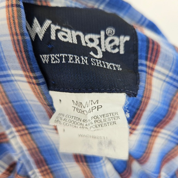 Wrangler Shirt Mens Medium Pearl Snap Western Short‎ Sleeve Rodeo Plaid Blue - Picture 6 of 11